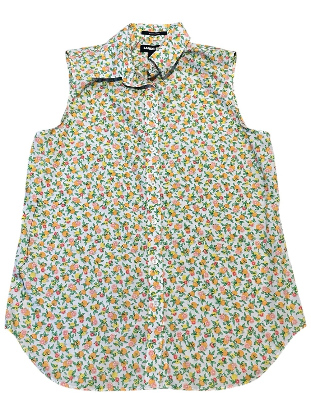 Lands' End women’s size 8 Sleeveless Floral/Citrus lemon orange button up Top